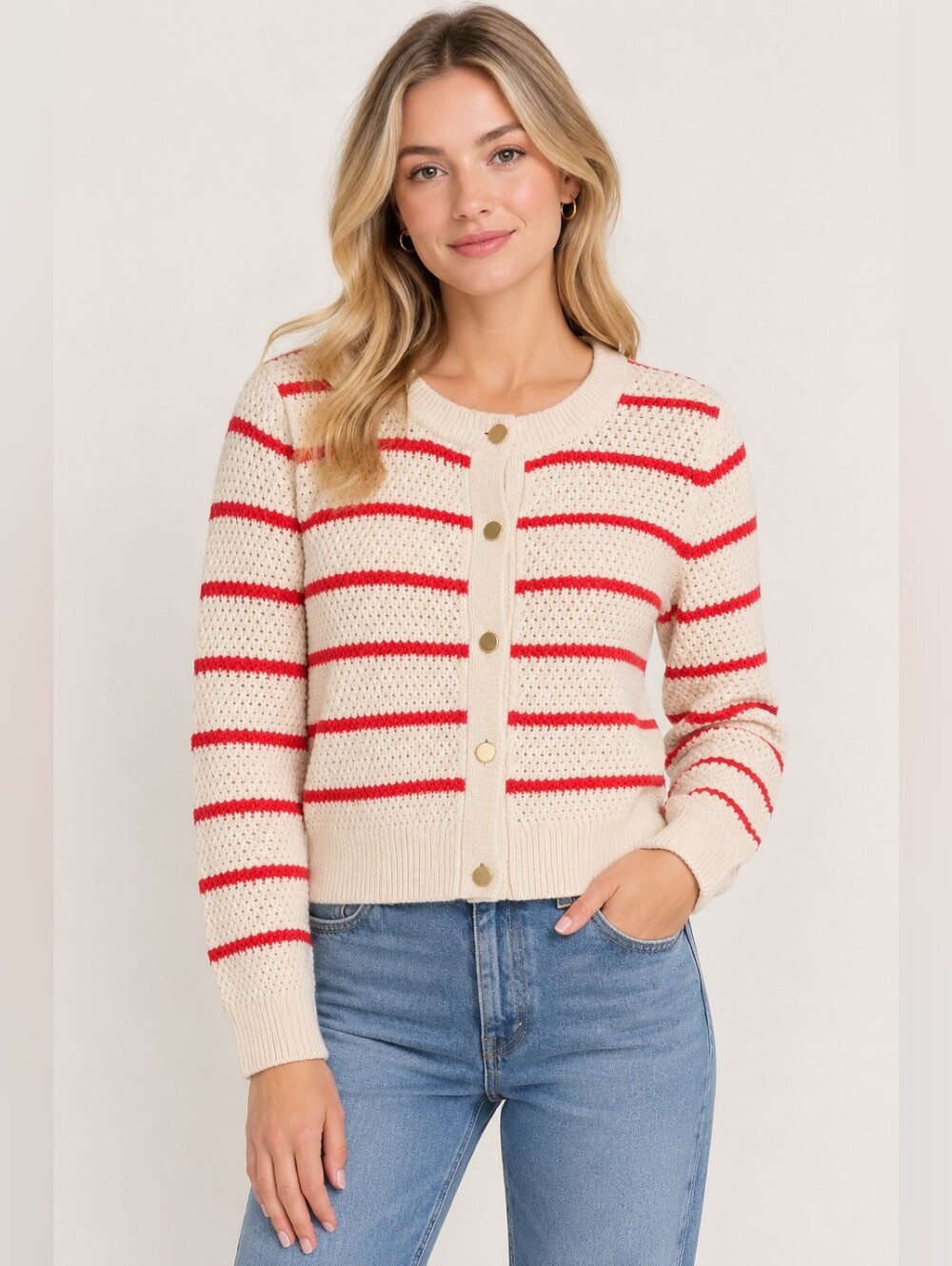REITMANS Striped Red Cream Button-Front Knit Cardigan Sz M Preppy Nautical Retro